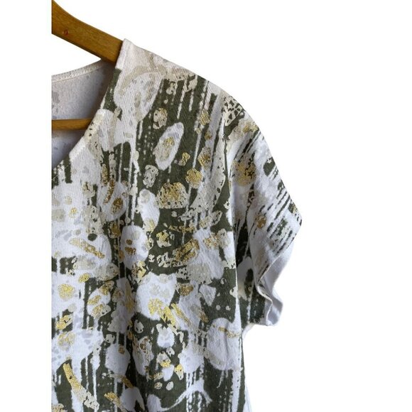 Weekends by Chico's Gold Trim Graphic Abstract T-Shirt Short Sleeve Size 1/ M - Picture 4 of 6
